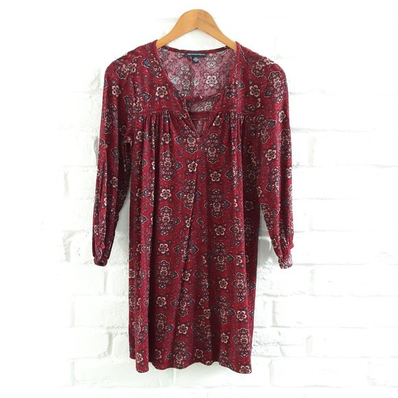 American Eagle Dress Small Red Burgundy Mini Long Sleeve Bohemian Floral Print - Picture 1 of 6